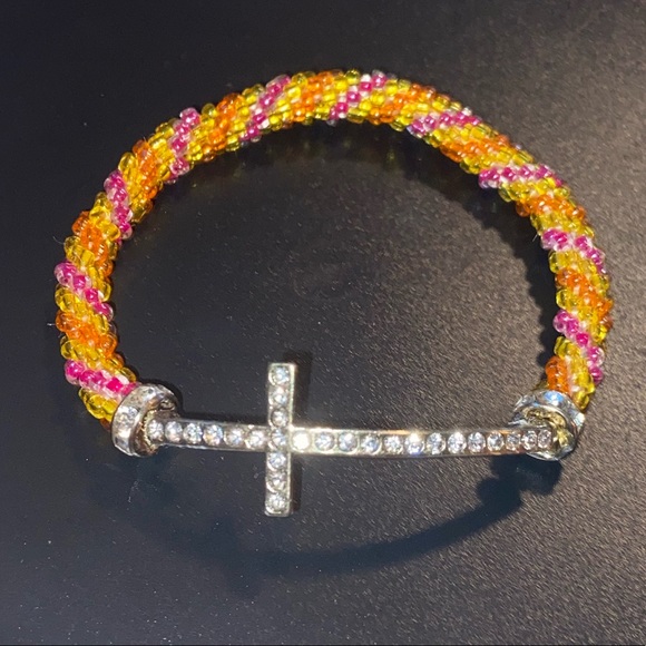 Glass Bead Roll On Rhinestone & Silver Tone Cross Bracelet. - Picture 7 of 8